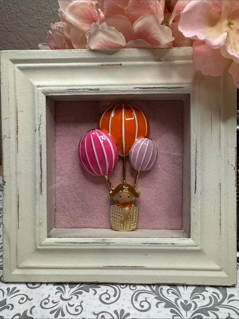 Air Balloon Girl in Basket Shabby Chic Shadow Box Framed Art